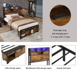Btm Metal Bed 3Ft Single With Led Lights, Usb & Type-C Charging, Storage Frame, Black And Wood Finish - thumbnail 6