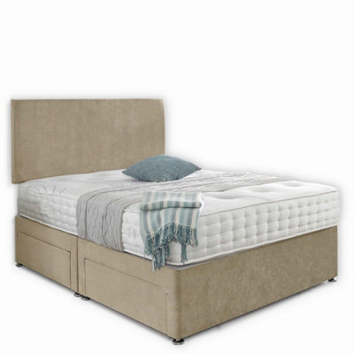 Dining Tables Classic Premium Crushed Velvet Fabric Divan Bed Set With 2 Drawers On Same Side - Double - Cream Suede - image 1