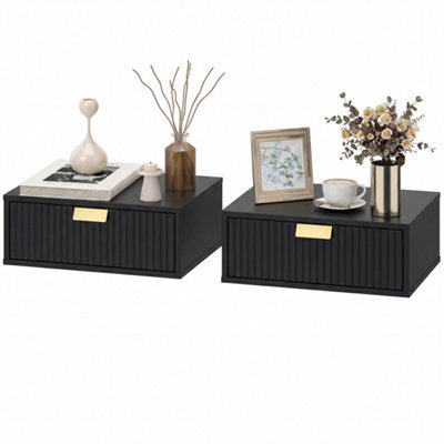 Set Of 2 Black Floating Nightstands Wave Drawer Bedside Tables - image 1