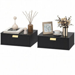 Set Of 2 Black Floating Nightstands Wave Drawer Bedside Tables - thumbnail 1