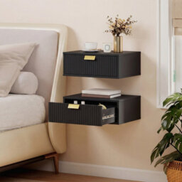 Set Of 2 Black Floating Nightstands Wave Drawer Bedside Tables - thumbnail 3