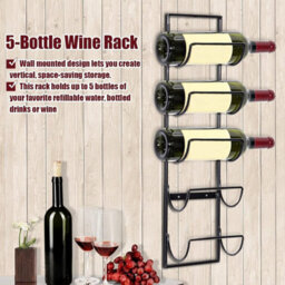 5 Bottle Wine Rack Metal Wall Mounted Kitchen & Bar Storage Shelf Space Saving Vertical Holder For Wine Bottles Includes Screws - thumbnail 4