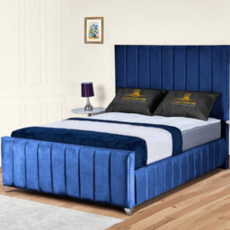 UKBEDFURNITURE Milano Blue Plush Valvet Upholstered Bed Frame Only - Slatted Base - 48 Inch Headboard