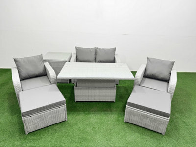 Fimous Light Grey Rattan Garden Furniture Set Sofa Set Reclining Chair Adjustable Lifting Table 6 Seater 2 Big Stools Side Table - image 1