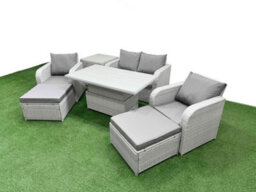 Fimous Light Grey Rattan Garden Furniture Set Sofa Set Reclining Chair Adjustable Lifting Table 6 Seater 2 Big Stools Side Table - thumbnail 2