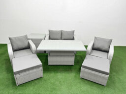 Fimous Light Grey Rattan Garden Furniture Set Sofa Set Reclining Chair Adjustable Lifting Table 6 Seater 2 Big Stools Side Table - thumbnail 1