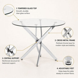 Oira Homes Modern Round Glass Dining Table Modern Kitchen Table With Chrome Effect Metal Legs - thumbnail 6