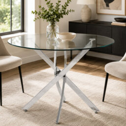 Oira Homes Modern Round Glass Dining Table Modern Kitchen Table With Chrome Effect Metal Legs - thumbnail 5