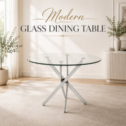 Oira Homes Modern Round Glass Dining Table Modern Kitchen Table With Chrome Effect Metal Legs - thumbnail 4