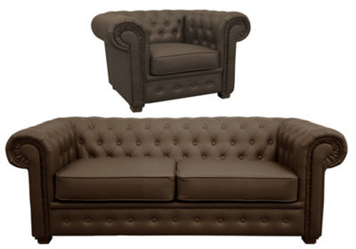 Venus Chesterfield Style Sofa 2 Seater + Armchair Brown Faux Leather - image 1