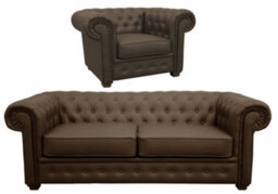 Venus Chesterfield Style Sofa 2 Seater + Armchair Brown Faux Leather - thumbnail 1