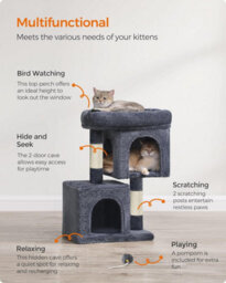 Songmics Cat Tree, Cat Tower, Small, Cat Condo For Small Cats, Large Cat Perch, 2 Cat Caves, Scratching Post, Smoky Grey - thumbnail 4