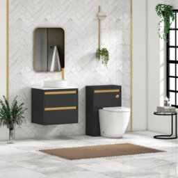 Royal Bathrooms Orion 600mm Matt Obsidian Black Wall Hung Vanity Unit 2 Drawer With Plain White Undrilled Worktop & Brushed Brass Accent Trim - thumbnail 3