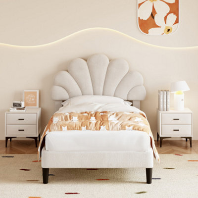 3Ft Single Upholstered Velvet Bed Frame, Solid Wood Slat, No Box Spring Needed, Easy Assembly, Beige - image 1