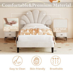 3Ft Single Upholstered Velvet Bed Frame, Solid Wood Slat, No Box Spring Needed, Easy Assembly, Beige - thumbnail 4