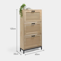 Vonhaus Shoe Storage Cabinet For Hallway, Rattan Shoe Cupboard With 3 Tier Drawers, Wood Effect Organiser For Up To Size 9, Lena - thumbnail 7