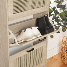 Vonhaus Shoe Storage Cabinet For Hallway, Rattan Shoe Cupboard With 3 Tier Drawers, Wood Effect Organiser For Up To Size 9, Lena - thumbnail 4