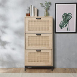 Vonhaus Shoe Storage Cabinet For Hallway, Rattan Shoe Cupboard With 3 Tier Drawers, Wood Effect Organiser For Up To Size 9, Lena - thumbnail 3