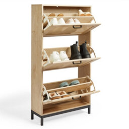 Vonhaus Shoe Storage Cabinet For Hallway, Rattan Shoe Cupboard With 3 Tier Drawers, Wood Effect Organiser For Up To Size 9, Lena - thumbnail 2