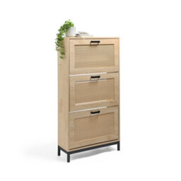 Vonhaus Shoe Storage Cabinet For Hallway, Rattan Shoe Cupboard With 3 Tier Drawers, Wood Effect Organiser For Up To Size 9, Lena