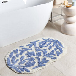 Wyld And Coco Blue Cotton Bathroom Rug 60 X 90 Cm - Asymmetric Floral Pattern - thumbnail 2