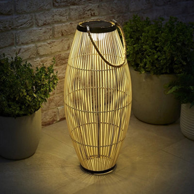 Solar Powered Natural Bamboo Floor Lamp With Drum Shade Outdoor Garden Led Light - image 1