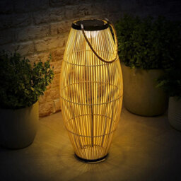Solar Powered Natural Bamboo Floor Lamp With Drum Shade Outdoor Garden Led Light - thumbnail 4