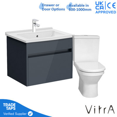 Vitra 600mm Wall Hung Bathroom Vanity Unit With 1 Drawer Includes Basin, Chrome Tap And Close Coupled Toilet Set - Grey Gloss - image 1