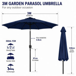 Shopnbits 3M Garden Parasol Sun Shade Canopy Patio Large Outdoor Umbrella Crank Tilt Navy Blue - thumbnail 2