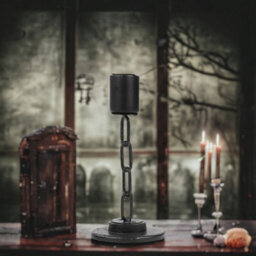 Urbn-Living Urbnliving Small Black Metal Chain Link Design Candle Holder With Wooden Stand Home Décor - thumbnail 1