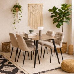 Wyld Haus Belfast Grey Ceramic Dining Table With 4 Upholstered Cream Chairs - thumbnail 1
