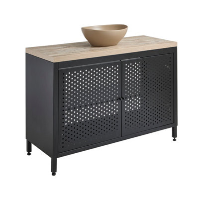Homestylestore 1200mm Black Metal Floorstanding Bathroom Vanity Unit Light Oak Countertop And Oval Sand Basin - image 1