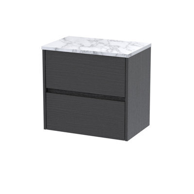 Nuie Havana Wall Hung 2-Drawer Vanity Unit & Worktop In Carrera Marble, Countertop Basin Unit, Graphite Grey Woodgrain, 600mm
