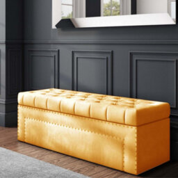 180Cm Duke Upholstered Tufted Plush Velvet Ottoman Storage Box, Mustard Gold End Of Bed Blanket & Shoe Bench With Hinged Lid