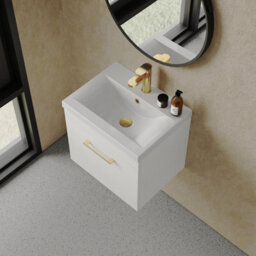 Balterley Millwich 1 Drawer Wall Hung Vanity Basin Unit - 500mm - Gloss White With Brushed Brass D-Shaped Handle (Tap Not Included) - thumbnail 5