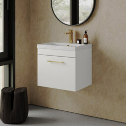 Balterley Millwich 1 Drawer Wall Hung Vanity Basin Unit - 500mm - Gloss White With Brushed Brass D-Shaped Handle (Tap Not Included) - thumbnail 6