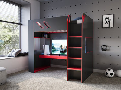 Recoil Orbit Gaming High Sleeper With Adjustable Height Desk Black & Red - image 1