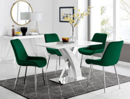 Furniturebox Atlanta White High Gloss And Chrome 4 Seater Dining Table With Statement X Shaped Legs And 4 Green Velvet Pesaro Chairs