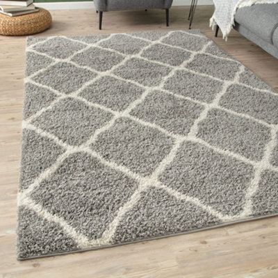 The Rugs Moroccan Shaggy Rugs And Runners Soft  High Pile Grey And Ivory Living Room Kitchen Hallway 710 - image 1