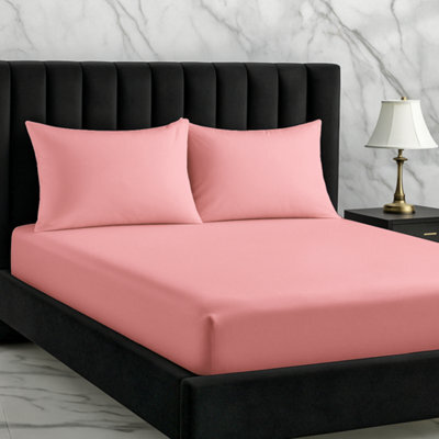 Microfibre Soft Touch Fitted Sheet 40Cm Extra Deep Skirt Plain Dyed Bed Linen Pink - image 1