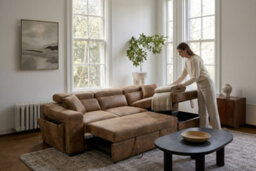 Faux Leather Suede Brown Corner Sofa Bed With Storage 2C1 Sofabed - thumbnail 8