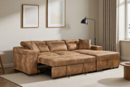 Faux Leather Suede Brown Corner Sofa Bed With Storage 2C1 Sofabed - thumbnail 2