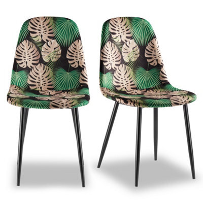 Vonhaus Dining Chairs Set Of 2, Tropical Palm Leaf Print Kitchen Chairs With Black Metal Legs, Velvet Pair Of Chairs For Dining - image 1
