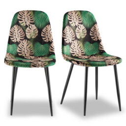 Vonhaus Dining Chairs Set Of 2, Tropical Palm Leaf Print Kitchen Chairs With Black Metal Legs, Velvet Pair Of Chairs For Dining - thumbnail 1