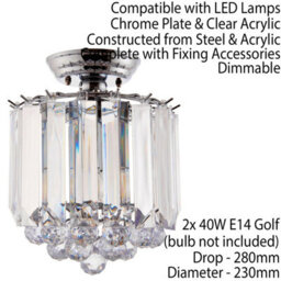 Flush Ceiling Mount Light Chrome & Acrylic 2X Lamp Bulb Classic Hanging Fitting - thumbnail 2