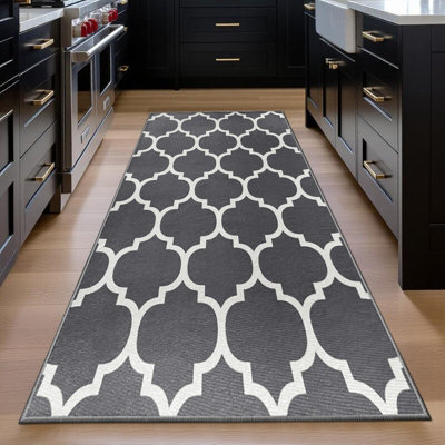 60X220Cm Grey Geometric Anti Slip Short Pile Runner Rug With Rubber Backing - image 1