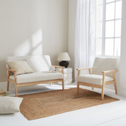 Sweeek - Armchair And Love Seat In Boucle Fabric And Rubber Wood Isak Boucle Set Off-White Boucle 114X69.5X73 Cm - thumbnail 2