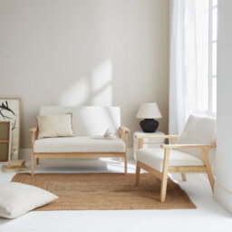 Sweeek - Armchair And Love Seat In Boucle Fabric And Rubber Wood, Isak Boucle Set, Off-White Boucle, 114X69.5X73 Cm
