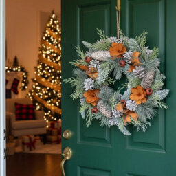 Urbn-Living Urbnliving 25Cm  Orange & White Christmas Wreath Festive Decoration With Jute Hanger Traditional Pinecone Décor - thumbnail 7