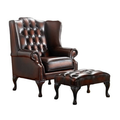 Chesterfield Flat Wing Chair + Footstool Antique Rust Leather In Mallory Style - image 1